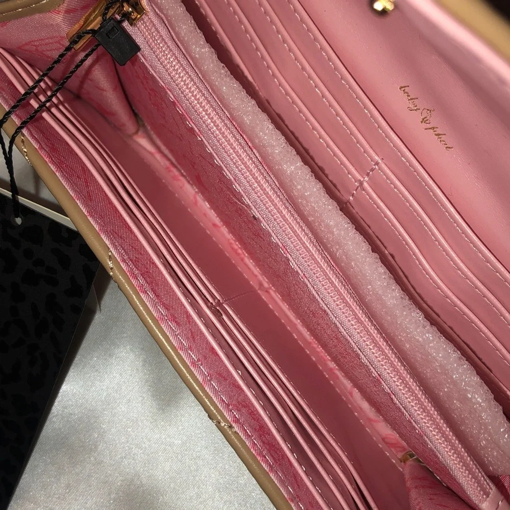Baby Phat Tan Faux Leather Quilted Chevron Flap Clutch Wallet Cat Logo NWT